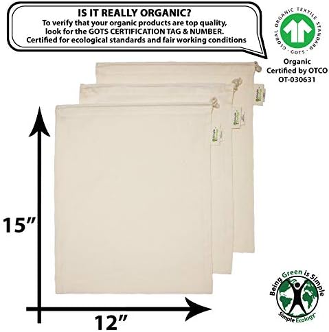 Simple Ecology Reusable Grocery Produce Shopping and Storage Bags, Organic Cotton Muslin, Large 3 pack - Image 3
