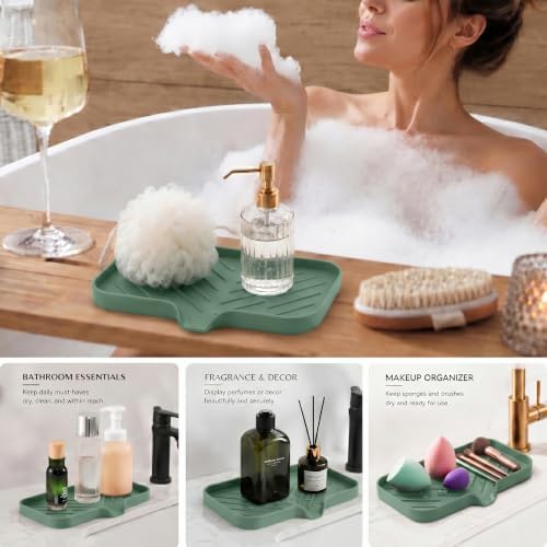 MicoYang Silicone Soap Dish with Drain Spout — Self-Draining Sink Organizer Tray for Bathroom & Kitchen, Sponges, Dispensers & Soap Holder, Non-Slip & Dishwasher Safe, Green (Medium, 9.6"×5.3") - Image 4