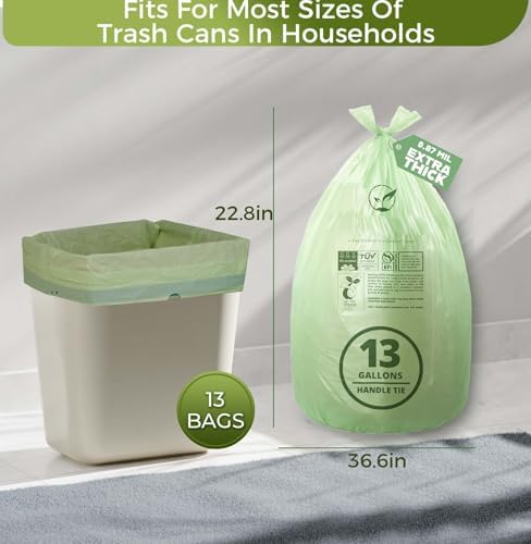 13 Gallon Compostable Trash Bags with Handle-Tie, Thick 0.87 Mil, 49.21 Liter, 30 Bags, Tall Kitchen Food Scrap Waste Bag, ASTM D6400, US BPI and OK Compost Home Certified - Image 4
