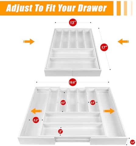 Bellsal Large Premium Bamboo Silverware Organizer - Expandable Utensil Drawer Organizer - 17"x19.6" Utensil Holder and Cutlery Tray with Grooved for Kitchen Flatware and Utensils(7-9 Slot, White) - Image 2