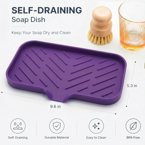 MicoYang Silicone Soap Dish with Drain Spout — Self-Draining Sink Organizer Tray for Bathroom & Kitchen, Sponges, Dispensers & Soap Holder, Non-Slip & Dishwasher Safe, Purple (Medium, 9.6"×5.3") - Image 2