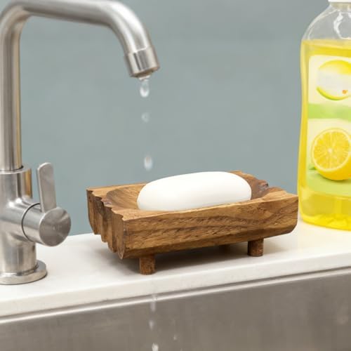 Natural Teak Wood Soap Holder, Automatic Draining Soap Tray with Drain Holes, Handmade Rustic Soap Dish & Countertop Soap Saver Stand for Bathroom and Kitchen - Image 5