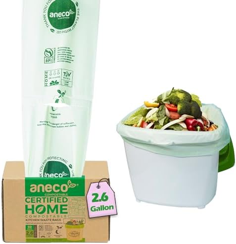 ANECO 100% Compostable Waste Bags 2.6 Gallon (Flat Top Bags, 50 Count) by ANECOCOMPOSTABLE
