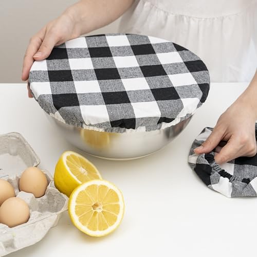 Reusable Cloth Bowl Covers - 100% Cotton Fabric Bowl Covers Set to Cover Fruits, Vegetables and Regulate Moisture - Elastic Closure for Salads, Bread & Leftovers (Black Plaid, 2XL, 2L, 2M, 2S) - Image 2