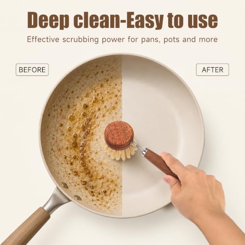 SAMEBUTECO Wood Dish Brush with Long Handle, Natural Sisal Kitchen Scrub Brushes for Fruit & Vegetable,Dishes, Pots and Pans, Includes 1 Scrubber and 2 Replacement Heads, Kraft Box, Brown - Image 4