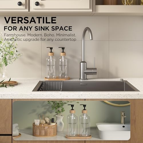 Hand and Dish Soap Dispenser Set,16oz Glass Bottles with Bamboo Pumps & Tray,Countertop Soap Dispensers for Kitchen,Luxury, Minimalist & Farmhouse Decor - Image 3