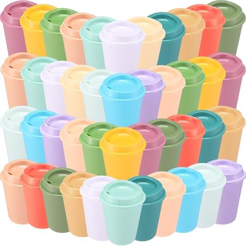 Honeydak 45 Pack 12 oz Reusable Coffee Cups with Lids Portable Tea Cups Reusable Hot Coffee Mugs Tumblers Bulk Plastic Tumblers Travel Drinks Mugs for Hot and Cold Drinks(Gentle Colors,Classic) by Honeydak