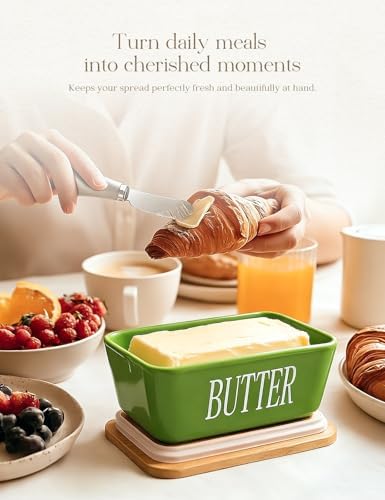 Ceramic Butter Dish with Lid and Knife & Silicone Seal for Countertop Green - Image 5