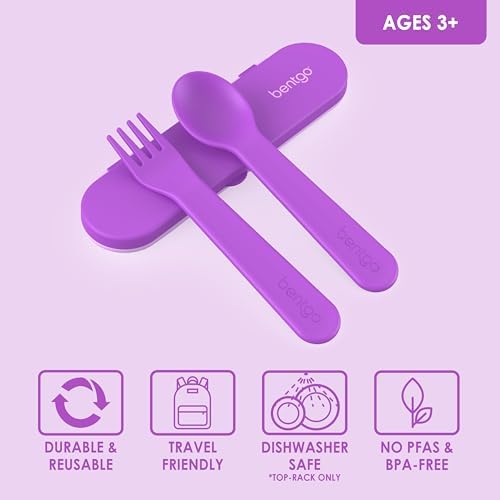 Bentgo Kids Plastic Utensil Set - Reusable Fork, Spoon & Storage Case, PFAS- & BPA-Free, Easy-Grip Handles, Lightweight, Dishwasher Safe, School Lunch, Travel & On-the-Go (Purple) - Image 3