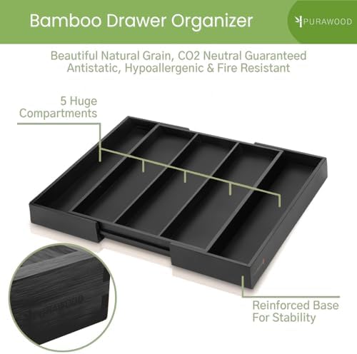 Purawood Kitchen Drawer Organizer - Expandable Utensil Organizer for Kitchen, Cutlery Tray & Silverware Organizer, 3-5 Slots - Bamboo Drawer Organizer for Utensils & Flatware (Black) - Image 3