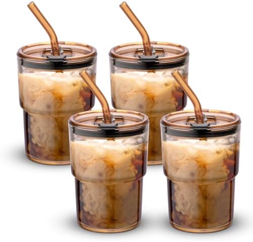 BLUEPOLAR 13 oz Tumbler Water Glass, Water Bottle with Straw and Dustproof Lid, Coffee Ice Cup Double Wall Insulated Glass Cup (Amber-4pack) by BLUEPOLAR