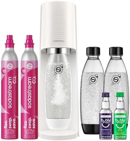 SodaStream TERRA Sparkling Water Maker, Value Bundle, CQC CO2 System, Includes 2 Quick Connect 60L CO2 Cylinders, 3 Dishwasher Safe BPA Free Bottles, 2 bubly Drops, Make your own Pepsi, White by Unknown