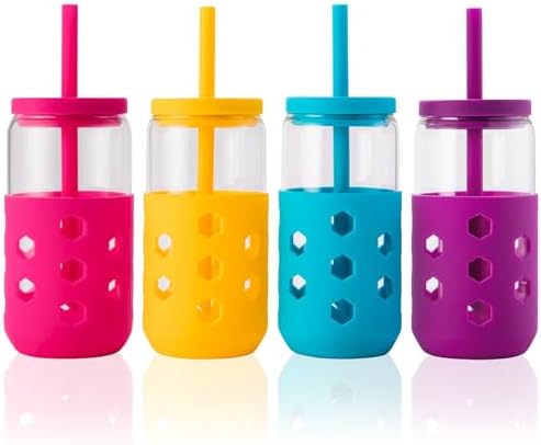 Mrsdry 16 oz Glass Cups with Lids and Straws for Gift, 4-Pack, Pink by Mrsdry