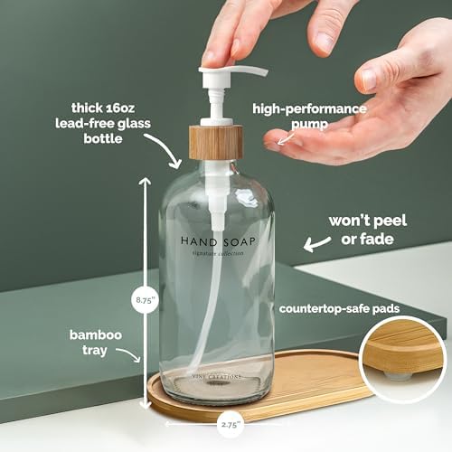 Vine Creations Clear Glass Soap Dispenser Set, Hand Soap and Dish Soap Dispenser Set with Bamboo Tray, 16 oz Glass Dispensers Bottle for Kitchen and Bathroom Decor Modern Boho with Bamboo Pump (Clear) - Image 5