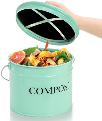 AVLA Kitchen Compost Bin, 1 Gallon Countertop Food Waste Container, Odorless Composter Bucket with Lid and Charcoal Filter, Indoor Metal Composting Pail, Mint Green - Image 4
