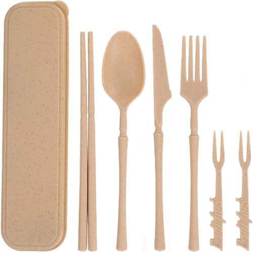 Reusable Travel Utensils with Case, Wheat Straw Fork Spoon Knife Chopsticks by Unknown