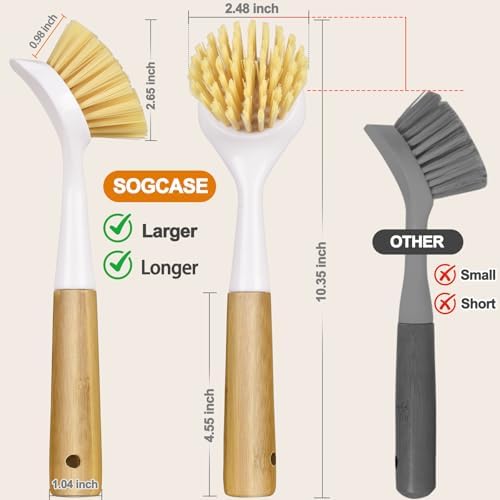 Dish Brush Set with Bamboo Handle, Kitchen Brushes for Cleaning Pot, Sink and Stove, Skillet Scrubber with Tough Bristles for Cast Iron Grill Pan, 2 Pack - Image 2