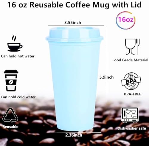 20 Pack Reusable Coffee Cups with Lids 16 oz Plastic Tumblers Travel Mug Iced Coffee Cup for Adults and Women Hot and Cold Drinks, Microwaveable(Light Blue) - Image 2