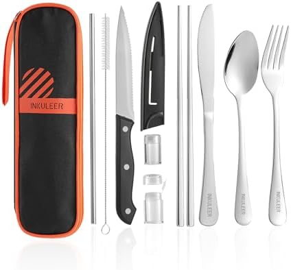 INKULEER Travel Cutlery, Portable Cutlery Set | Portable Silverware Set, 18/8 Stainless Steel Lunch Reusable Travel Cutlery Set, Fork and Spoon/Knife Set for Camping | Full-size camping cutlery set. by inkuleer