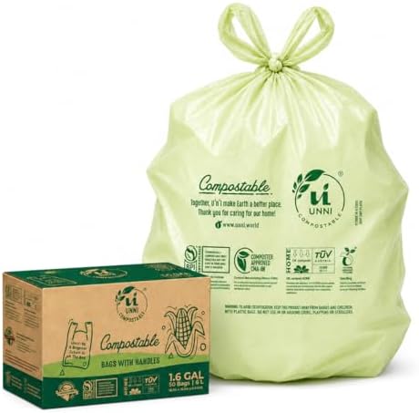 UNNI 1.6 Gallon Compostable Bags with Easy-Tie Handles, 6 Liter, 50 Count by UNNI