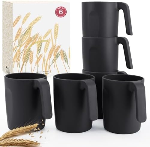 Wrova 16oz Wheat Straw Cups with handles set of 6-Plastic Cups Reusable-Unbreakable Kids Mugs-Dishwasher Safe & Microwave Safe-Ideal Plastic Mugs for Tea,Coffee,Camping,RV-Black by WROVA