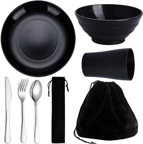 Kyraton Camping Utensils, Portable Travel Silverware Set with Reusable Light Weight Mug, Bowls and Plate, Stainless Steel Cutlery Set, Camping Mess Kit for 1 Person by Kyraton