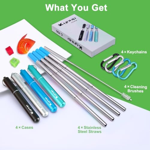 Kynup 4Packs Reusable Straws, Metal Straw with Silicon, Travel Drinking Straws with Case, Keychain, Cleaning Brushes, Silicon Pcs Perfect for Travel, Gifts (20 PCS) Blue-Black-Silver-Turquoise - Image 4