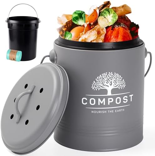 Perfnique Kitchen Compost Bin, 1.3 Gallon Countertop Compost Bin with Lid, Indoor Compost Bucket Includes Inner Bucket Liner and Carbon Filter, Small Compost Bin with Trash Bags (with Bags, Grey) by PERFNIQUE