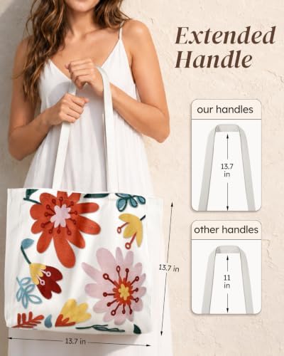 Floral Embroidery Canvas Tote Bag with Magnetic Closure for Daily - Image 2