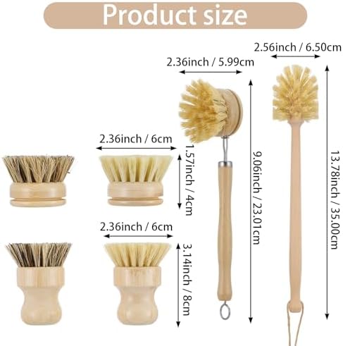 7-Piece Bamboo Dish Brush Set, Natural Kitchen Scrub Brush Kit with Wooden Handle for Pots, Pans, Vegetables, Eco-Friendly Cleaning Tools - Image 2