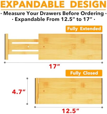 SpaceAid Bamboo Dresser Drawer Dividers 6 Pack, 4.65“ High Adjustable 12.5“-17” Drawer Organizers, Expandable Organization for Clothing, Clothes, Dressers, Natural - Image 3