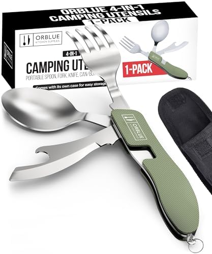 Orblue 4-in-1 Camping Utensils, 1-Pack, Portable Stainless Steel Spoon, Fork, Knife & Bottle Opener Combo Set - Travel, Backpacking Cutlery Multitool Olive Green by Orblue