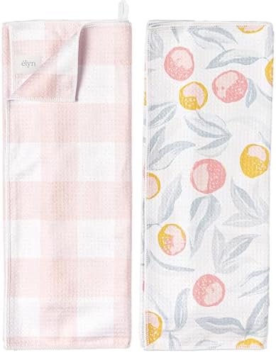 ELYN Microfiber Kitchen Dish Towel Set, Quick-Dry & Absorbent Waffle Weave Cleaning Towels, Set of 2 Kitchen Towels, Paper Towels Alternative (Oranges & Gingham) by ELYN