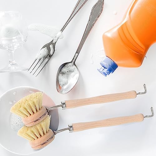 Maxdot 10 Pcs Kitchen Dish Brush with Beechwood Handle Natural Wooden Handle Scrub Brush Fiber Bristles Dish Scrub 2 Inch Replacement Head for Pots Pans Utensils Washing Supplies - Image 6