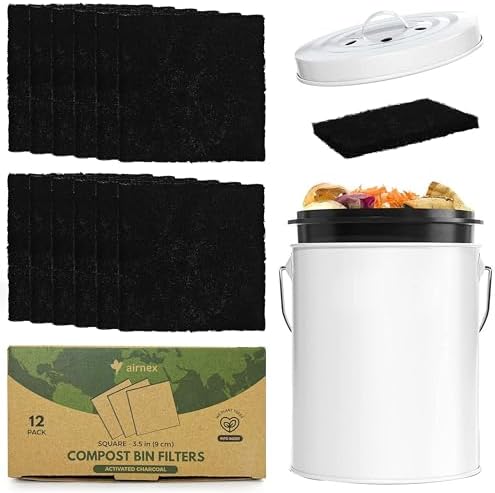AIRNEX Charcoal Filters for Compost Bucket 3.5 in Square - Pack of 12 Odor Blocking Compost Filters for Countertop Bin, Trash Cans & Litter Boxes - Universal Replacement Compost Bin Filter Charcoal by Airnex