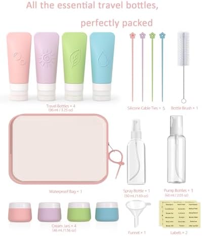 20-Piece Silicone Travel Bottles Set – TSA Approved Leakproof Toiletry Kit with Flat Easy-Squeeze Bottles, Tactile Icons, Cream Jars, Pump & Spray, Cleaning Brush - Image 2