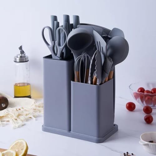 Silicone Kitchen Utensil Set, 19 Piece with Wooden Handles, Cutting Board, Storage Holder, Black Pink Gray Mint Green, Cooking Tools with Organizer (Grey) by Unknown