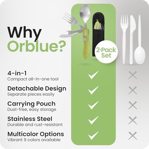 Orblue 4-in-1 Camping Eating Utensils, 2-Pack - Portable Spoon, Fork, Knife & Bottle Opener Combo Set - Stainless Steel Flatware with Detachable Fork - Travel, Backpacking Cutlery Multitool, Green - Image 6