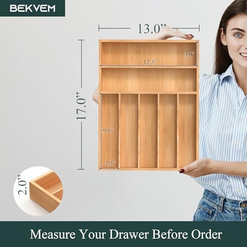 Silverware Organizer, Bamboo Kitchen Drawer Organizer, Utensil Holder, Cutlery Tray & Spoon Flatware Storage with Grooved Drawer Dividers (13''W x 17''D) - Image 2