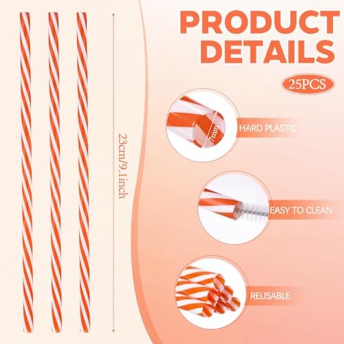 Honeydak 25 Pcs Reusable Plastic Straws Bulk,Orange and White Stripe - Image 2