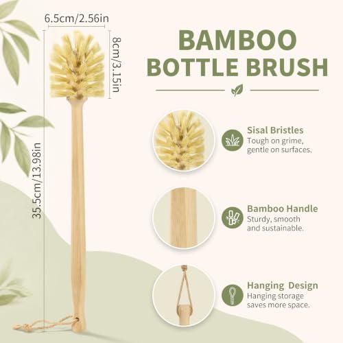 GREENTH PRO Nature Bamboo Bottle Brush with Sisal Bristle - Long Handle Hanging Design Cleaning Brush for Water Bottles Baby Bottles Sports Bottles Glasses Water Glasses Wine Glasses - Image 2