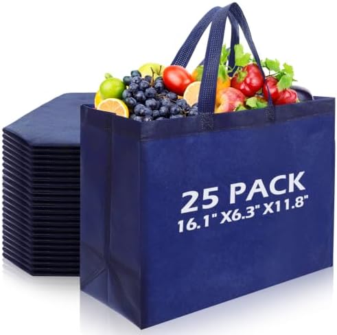 25 Pcs Reusable Tote Bag with Handles Bulk 16.1'' x 6.3'' x 11.8'' Extra Large Non Woven Grocery Shopping Bags for Shop Events Boutiques Retail Store(Navy) by Yoojahow