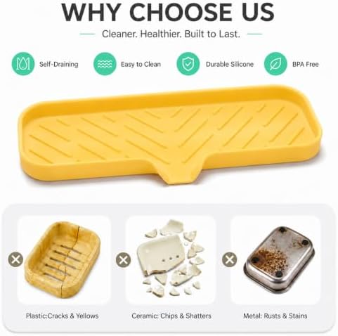 MicoYang Silicone Soap Dish with Drain Spout — Self-Draining Double Sink Organizer Tray for Kitchen & Bathroom, Dispensers, Sponges & Soap Holder, Non-Slip & Dishwasher Safe, Yellow (Large, 12"×4") - Image 3