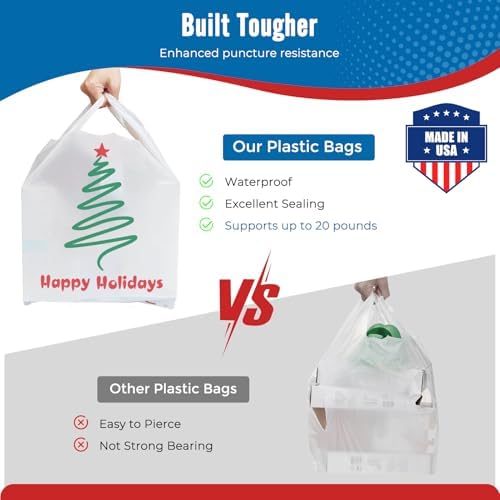 Fuxury 1000 Count Happy Holiday Christmas Tree Plastic Bags with Handles - Image 4