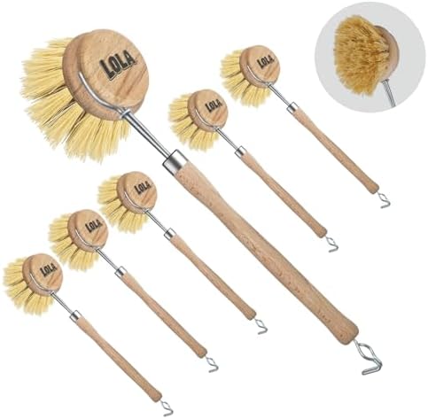 LOLA Dishwashing & Vegetable Brush The Original, 6 Pack, 3" Head, Sustainable Wood Handle w/Tampico Fiber Bristles, Safe for Non-Stick Pans, Dishes, Cast Iron Skillet - Easy Head Only Replacement by LolaProducts
