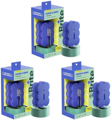 Brite by Scotch-Brite Scrub & Wipe with Drain + Dry Stand, Kitchen Sponge for Washing Dishes, 1 Scrub Sponge (Pack of 3) by Scotch-Brite