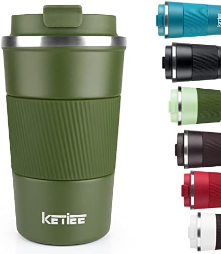 KETIEE Travel Coffee Mug 12oz: Vacuum Insulated Coffee Cup with Leakproof Lid, Coffee Tumbler, Reusable Coffee Cups, Double Wall Stainless Steel Coffee Mug to Go for Hot/Iced Water Tea (Green) by KETIEE