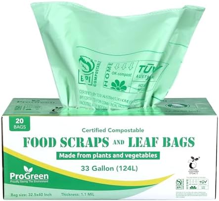 Compost Bags 33 Gallon Compostable Trash Bags, Extra Thick 1.1 Mil, Compost Kitchen Bin Bags, Food Scraps Yard Waste Bags, ASTM D6400 BPI & TÜV AUSTRIA Certified by ProGreen