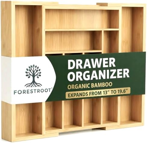 Bamboo Drawer Organizer, Expandable 8-Slot Silverware & Utensil Tray for Kitchen Drawers, Fits 13–19.5 Inch Drawers, Deep Compartments, Durable & Eco-Friendly Natural Bamboo by Forestroot
