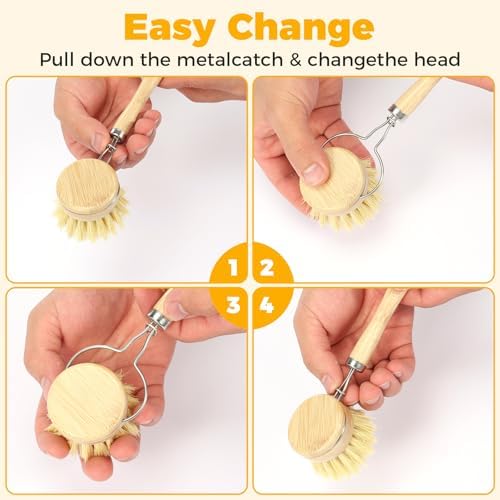 Bamboo Dish Brushes Set Natural Bamboo Dish Scrub Brush Set with Handle Wood Dish Brush Bamboo Dish Scrubber Set for Cast Iron Pan Pot Dish Washing - Image 2